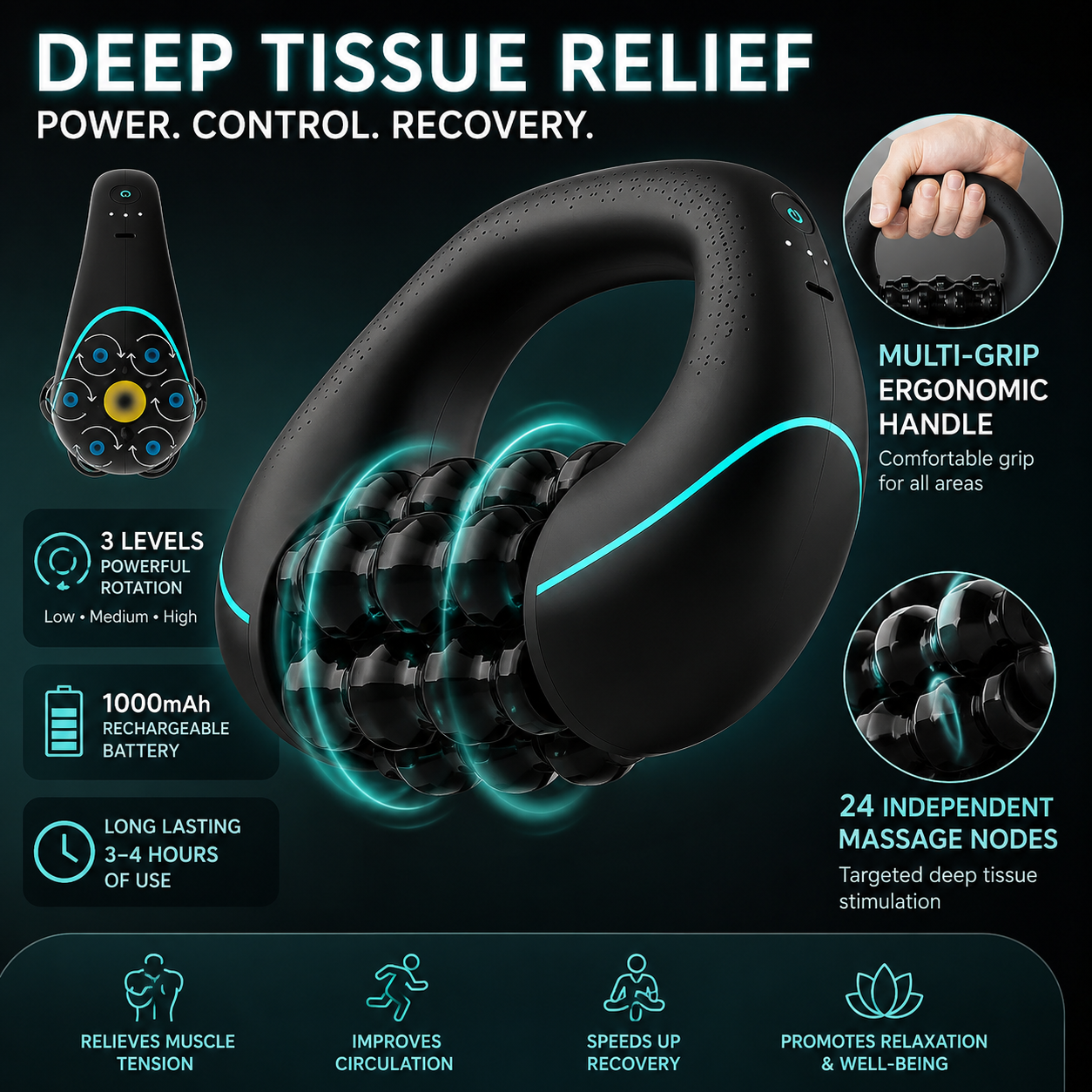 3-Speed Handheld Electric Rolling Massager for Full Body Deep Tissue Massage