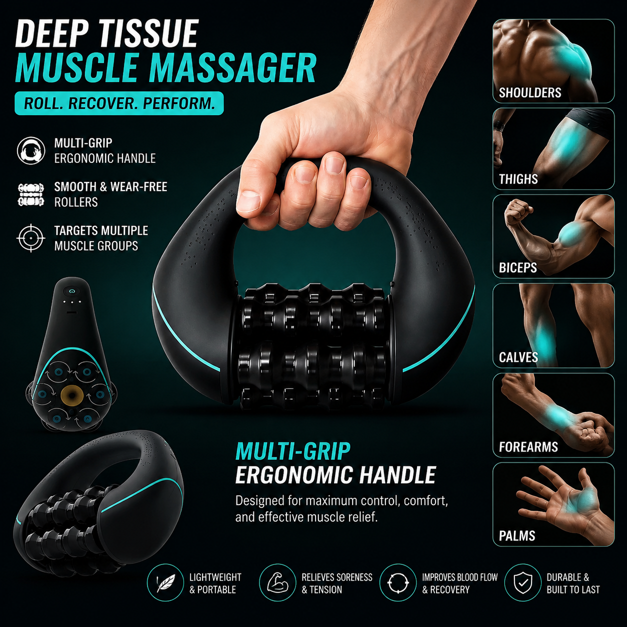 3-Speed Handheld Electric Rolling Massager for Full Body Deep Tissue Massage