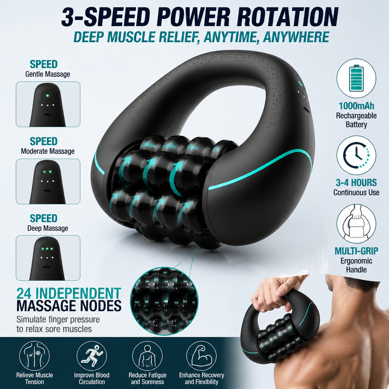 3-Speed Handheld Electric Rolling Massager for Full Body Deep Tissue Massage